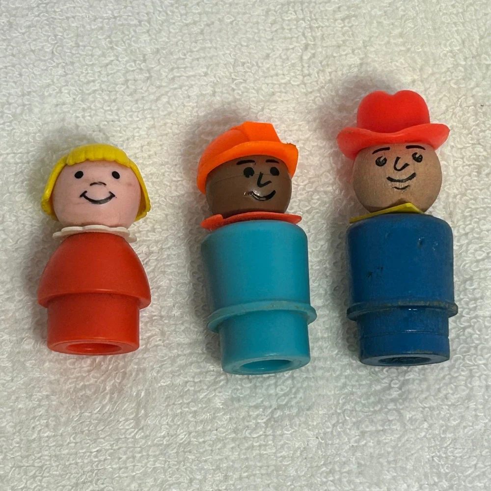 Vintage Fisher Price Little People Wood Plastic‎ Cowboy Construction Girl Lot 3